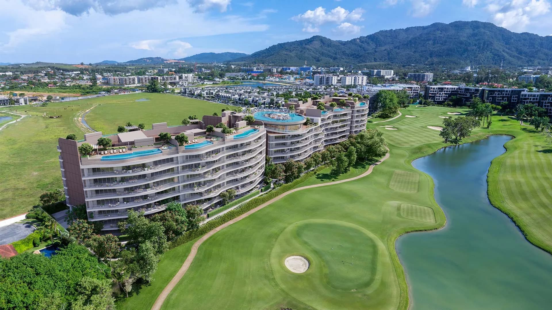 Laguna Phuket aerial view with lakes and resort buildings
